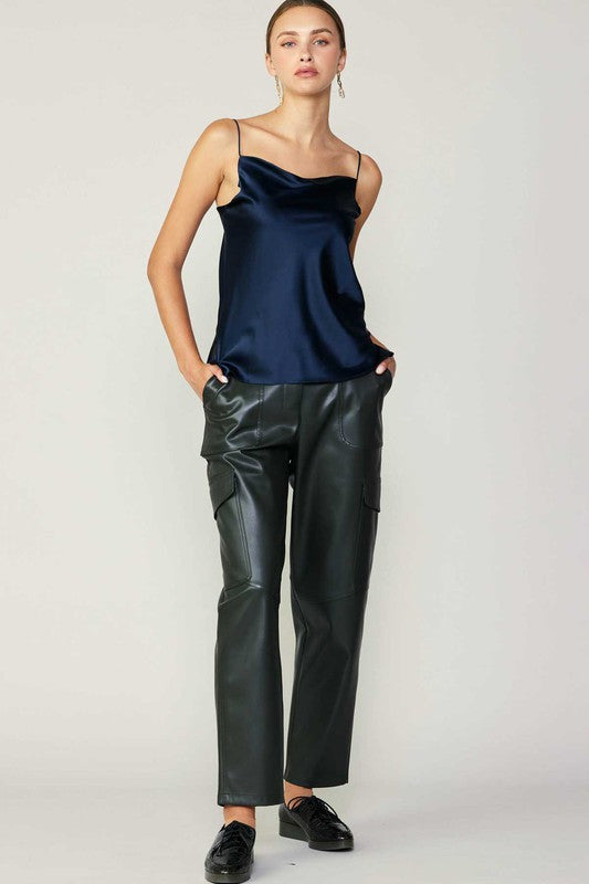 Navy Cowl Neck 100% Silk Cami Top with pants