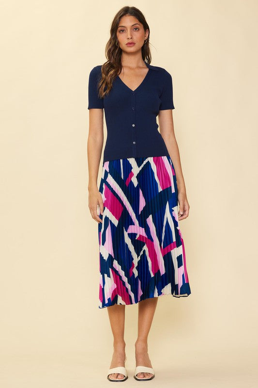 Navy Knit Fitted Button Top with Skirt
