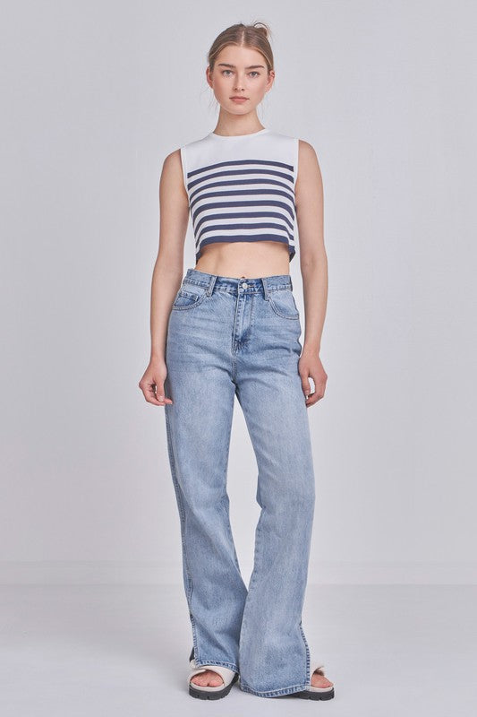 Navy Striped Knit Crop Top and Jeans