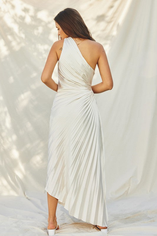 Back View - Pearl Olympia Asymmetrical Pleated Maxi Dress