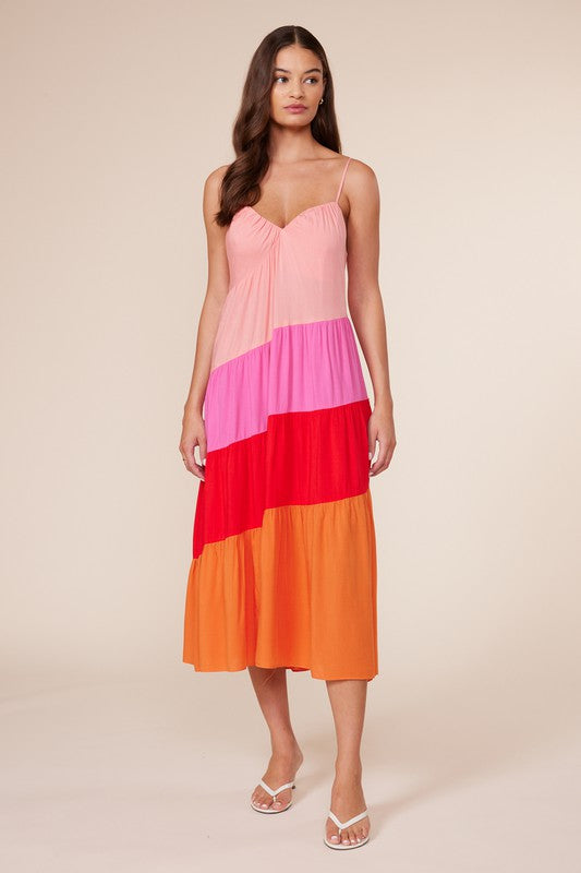 Pink Orange Positano Color Block Midi Dress