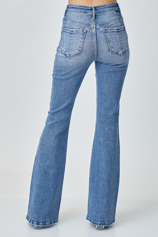 Back View - Risen Medium Wash Mid Rise Basic Flare Jean