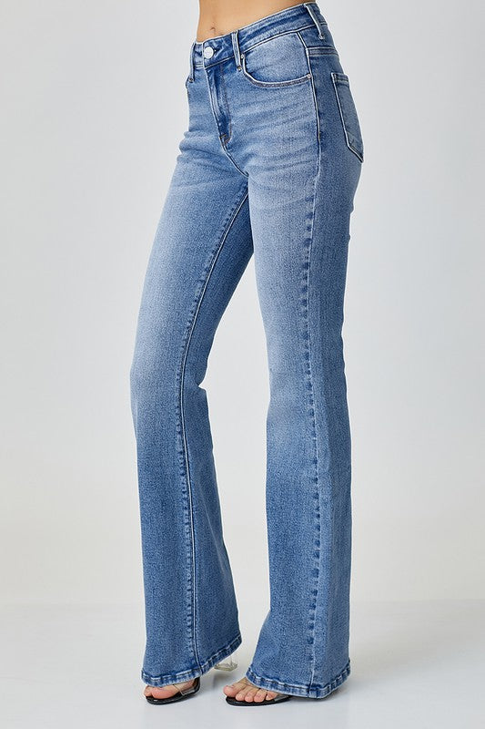 Side view - Risen Medium Wash Mid Rise Basic Flare Jean
