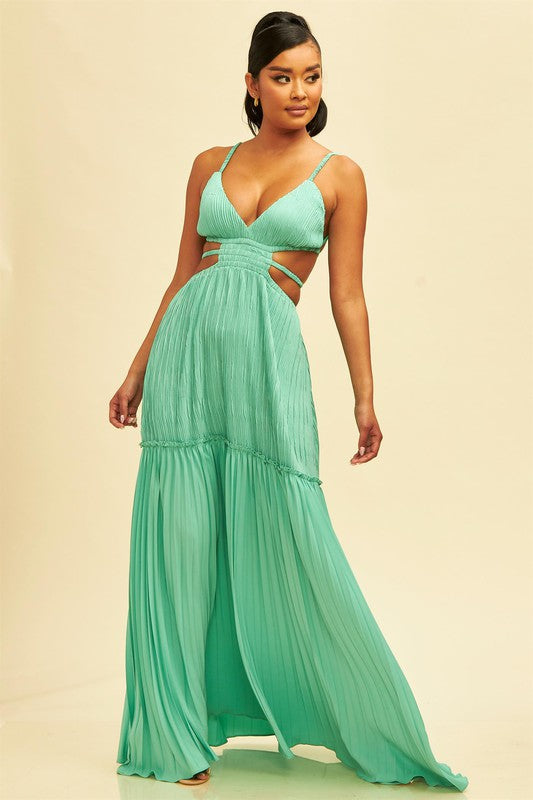Turquoise Crinkle Maxi Cutout Dress