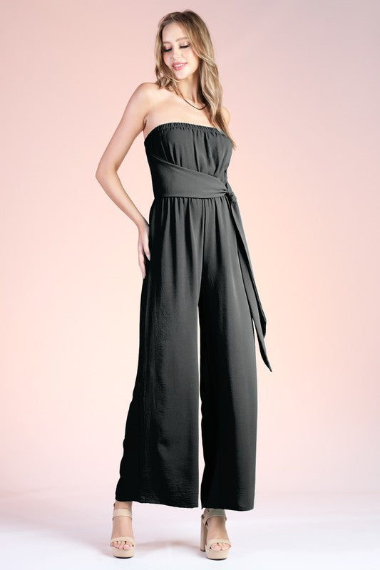 Black Matte Crepe Strapless Draped Belt Jumpsuit