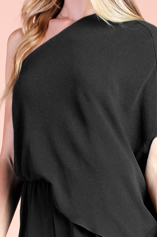 Close View - Black Textured Solid Slouchy One Shoulder Jumpsuit