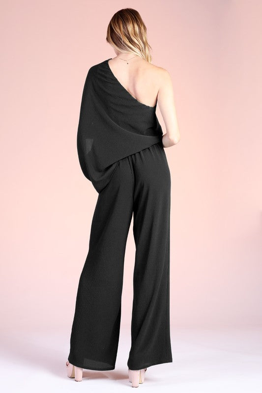 Back View - Black Textured Solid Slouchy One Shoulder Jumpsuit