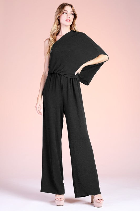 Black Textured Solid One Shoulder Jumpsuit