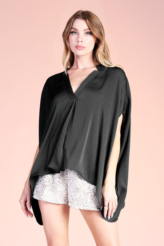 Black Washed Poly Silk Double Notched Caftan Top