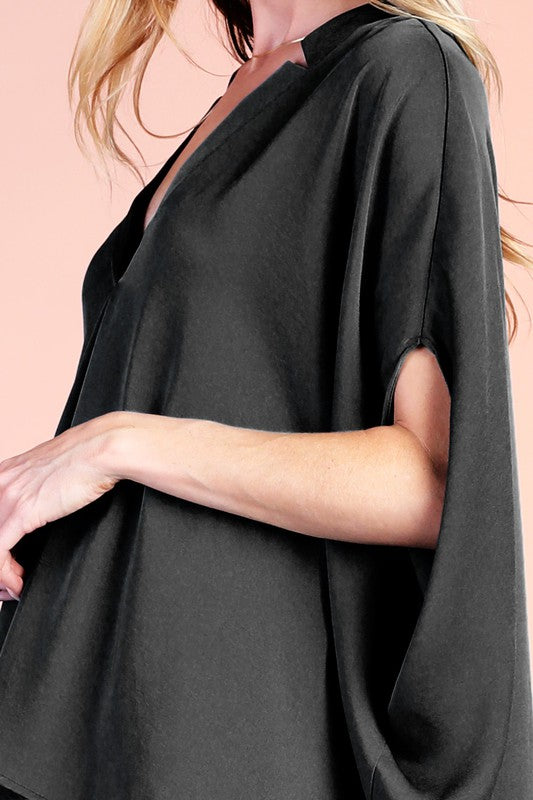 Close View - Black Washed Poly Silk Double Notched Caftan Top