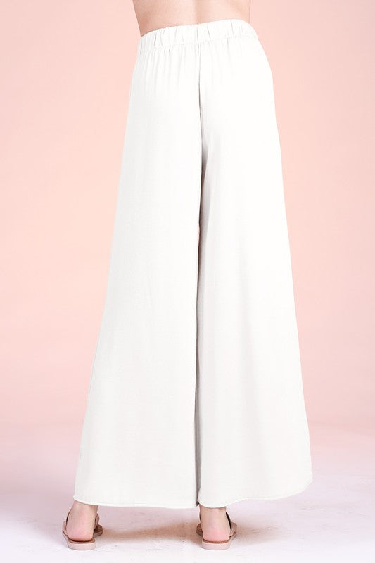 Back View - Ivory Washed Poly Silk Tie Waist Wide Leg Pants