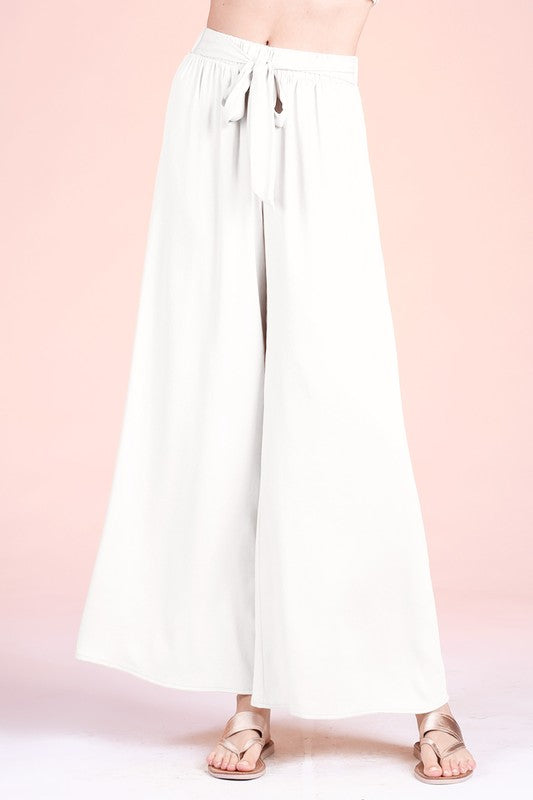Ivory Washed Poly Silk Tie Waist Wide Leg Pants
