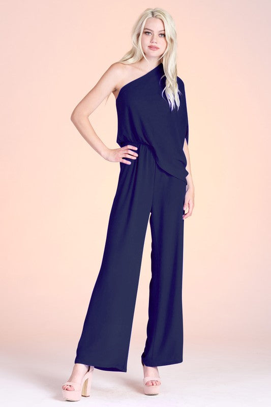 Navy Textured Solid Slouchy One Shoulder Jumpsuit