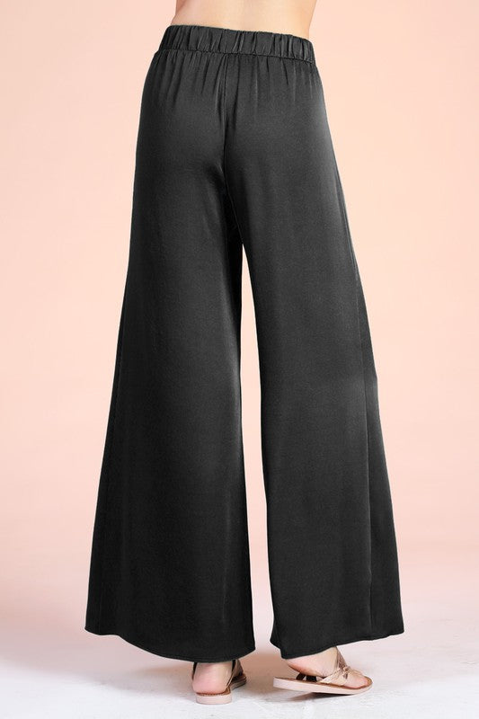 Back View - Black Washed Poly Silk Tie Waist Wide Leg Pants