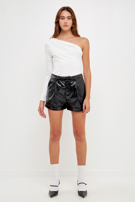 White Asymmetric Ruched Bodysuit with Shorts