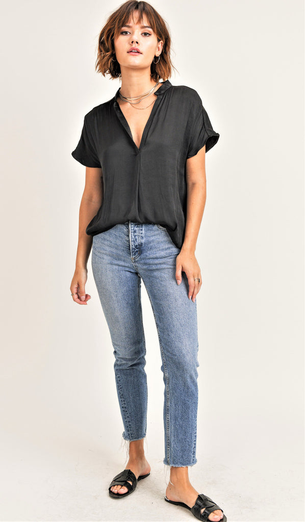 Silk V Neck Top Black with Jeans