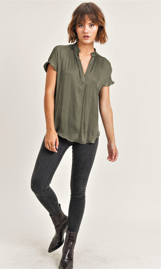 Olive Esme V-Neck Silky Blouse with Pants