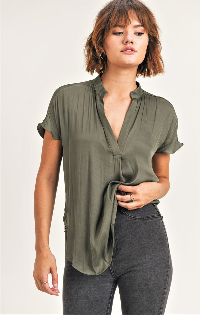 Olive Green Esme V-Neck Silky Blouse