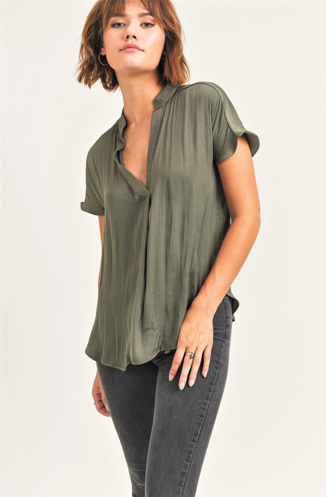 Side View - Olive Esme V-Neck Silky Blouse