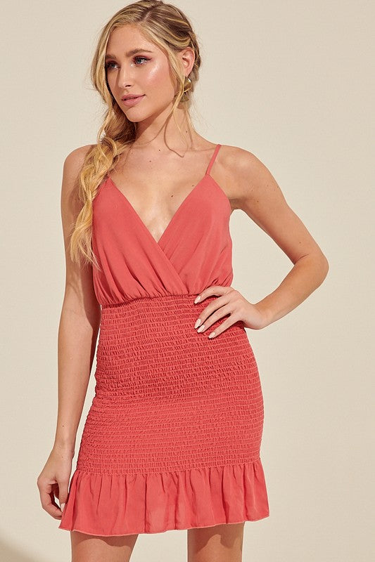 Front View - Coral Surpliced Smocking Dress