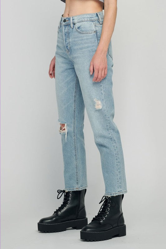 Side View - Maura Light Wash Distressed High Waist Straight Jean