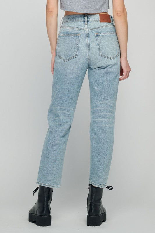 Back View - Maura Light Wash Distressed High Waist Straight Jean