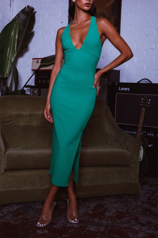 Green Deep V Midi Dress