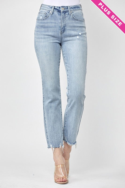 Light High Rise Raw Hem Straight Jean