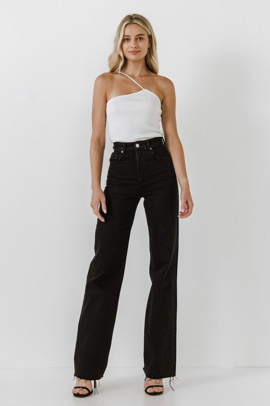 Front View - White One Shoulder Knit Tank