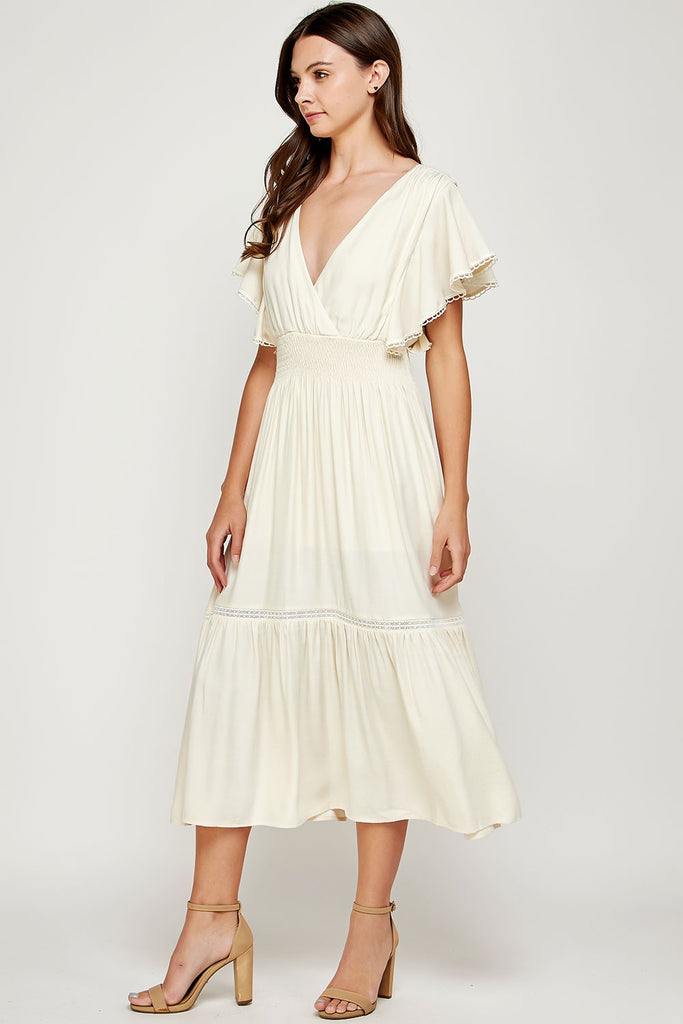 Ecru Long Ruffle Dress on Model