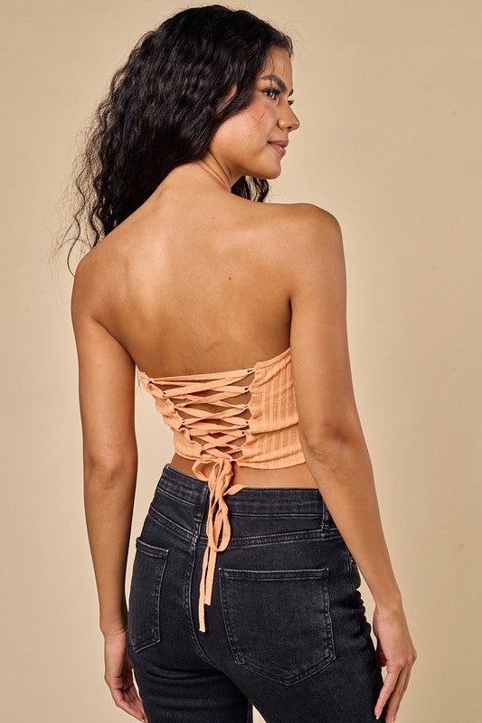Back View - Tangerine Scarf Top with Lace Up Back
