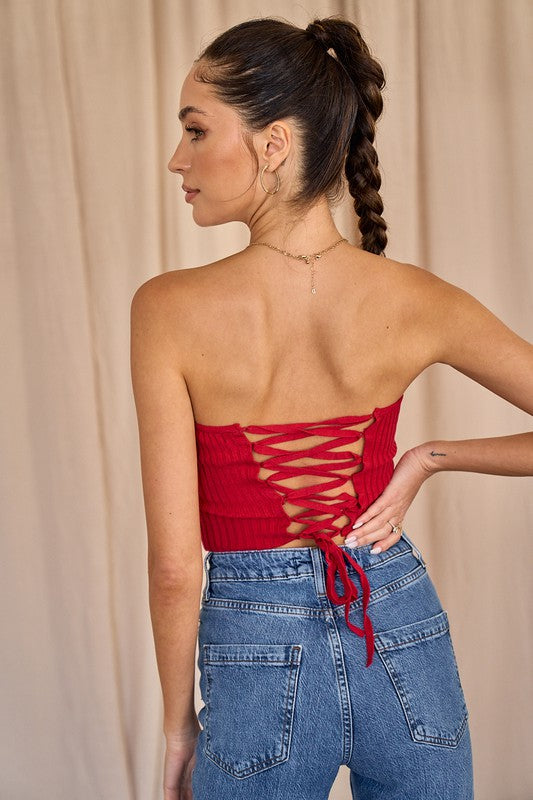 Back View - Red Scarf Top with Lace Up Back