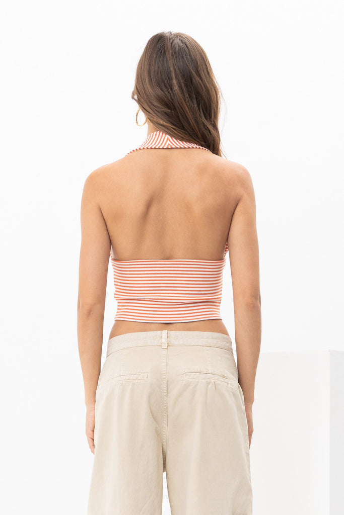Back View - Striped Ribbed Knit Halter Top