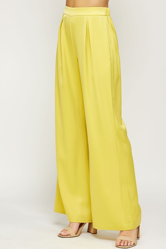 Light Lime Pleated Wide Satin Pants