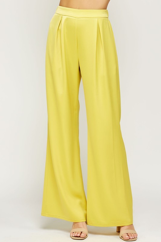 Front View - Light Lime Pleated Wide Satin Pants