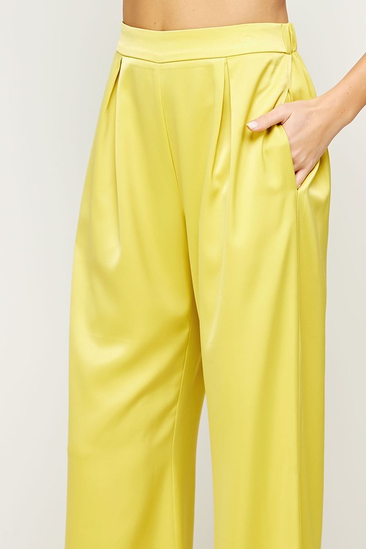 Light Lime Pleated Wide Satin Pants Pockets