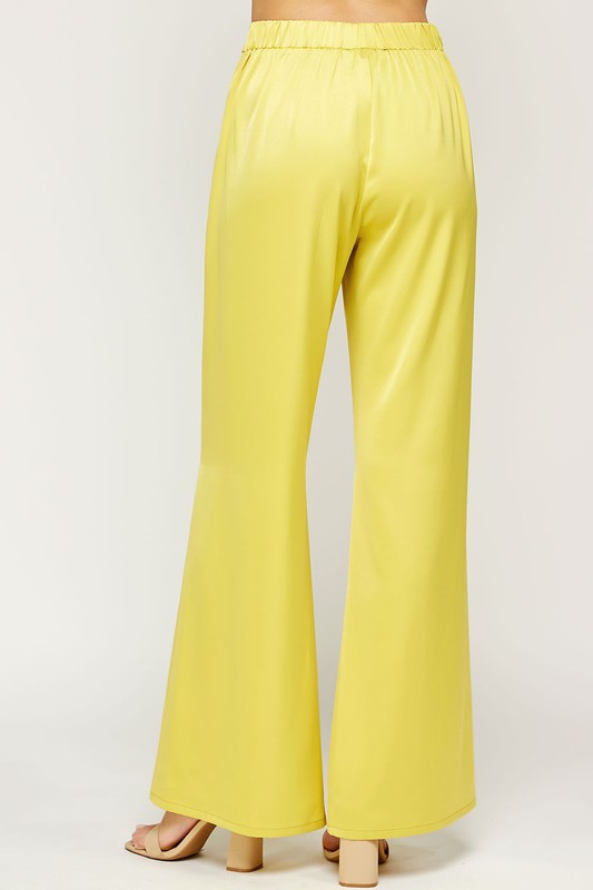 Back View - Light Lime Pleated Wide Satin Pants