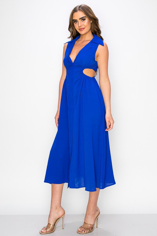 Side View - Royal Blue Sleeveless Cut Out Midi Dress