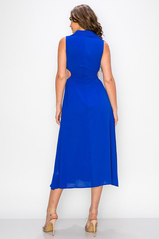 Back View - Royal Blue Sleeveless Cut Out Midi Dress