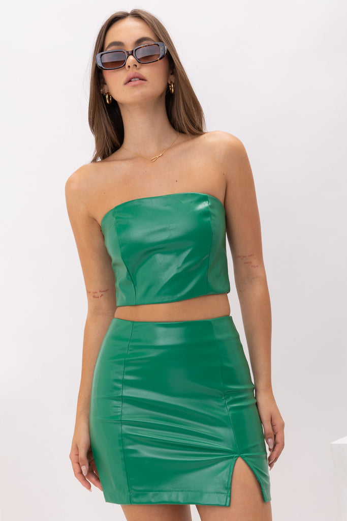 Green Vegan Leather Mini Skirt with Top