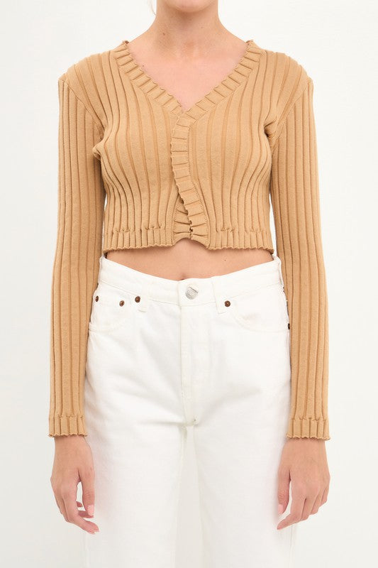 Front View - Camel Long Sleeve Ruffled Knit