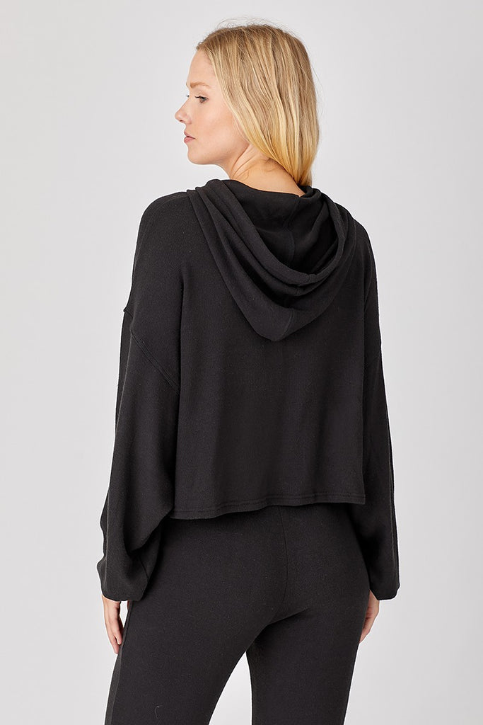 Back View - Black Ultra Soft Knit Crop Hoodie
