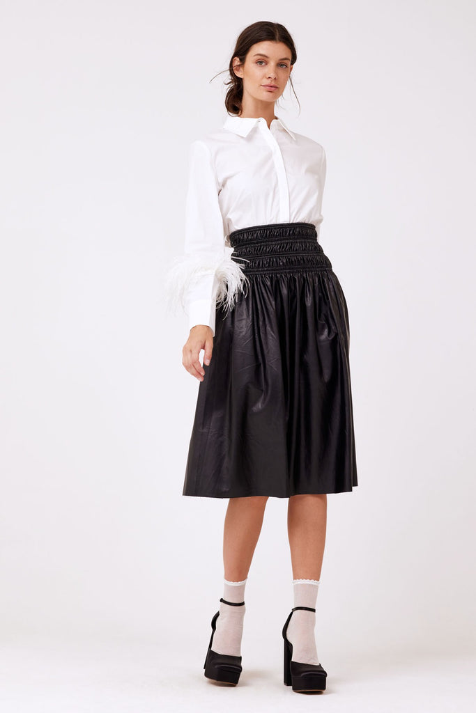 Black Vegan Leather Midi Skirt with White top