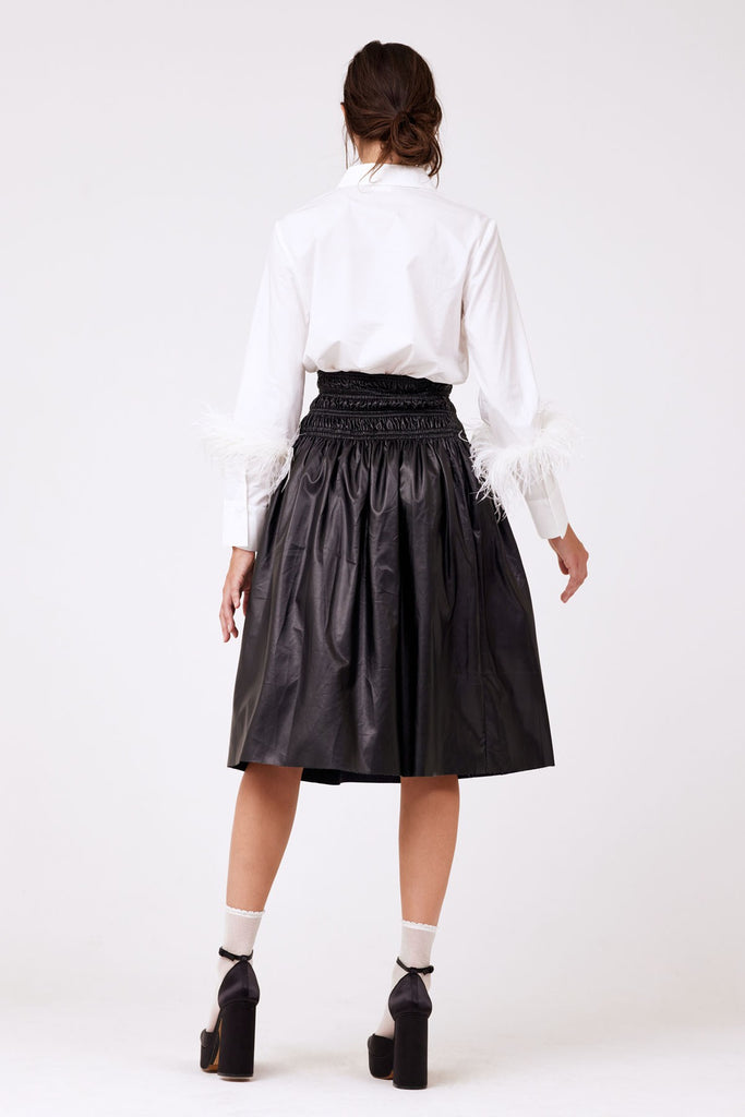 Back View - Black Vegan Leather Midi Skirt