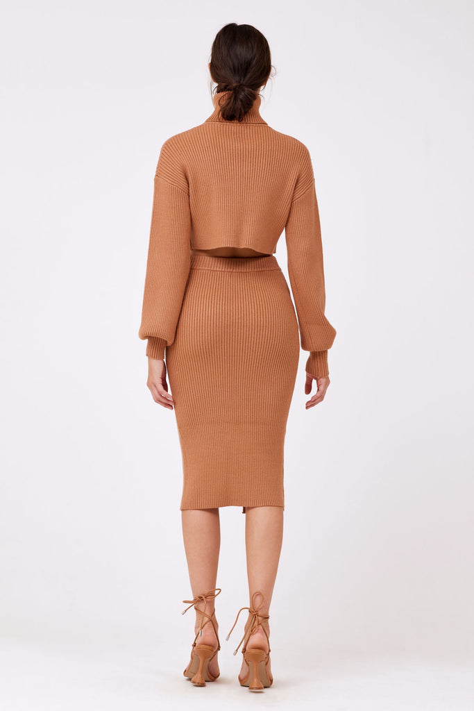 Back View - Camel Cropped Turtleneck Sweater