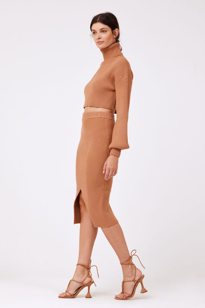 Side View - Camel Cropped Turtleneck Sweater