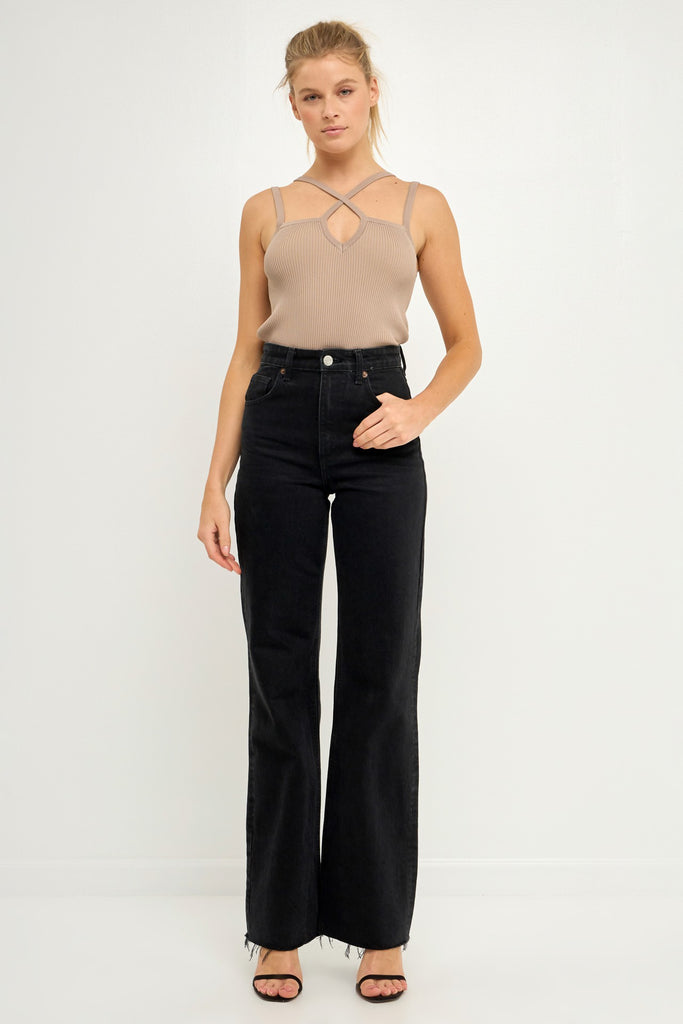 Taupe Strap Detail Fitted Knit Top with Pants