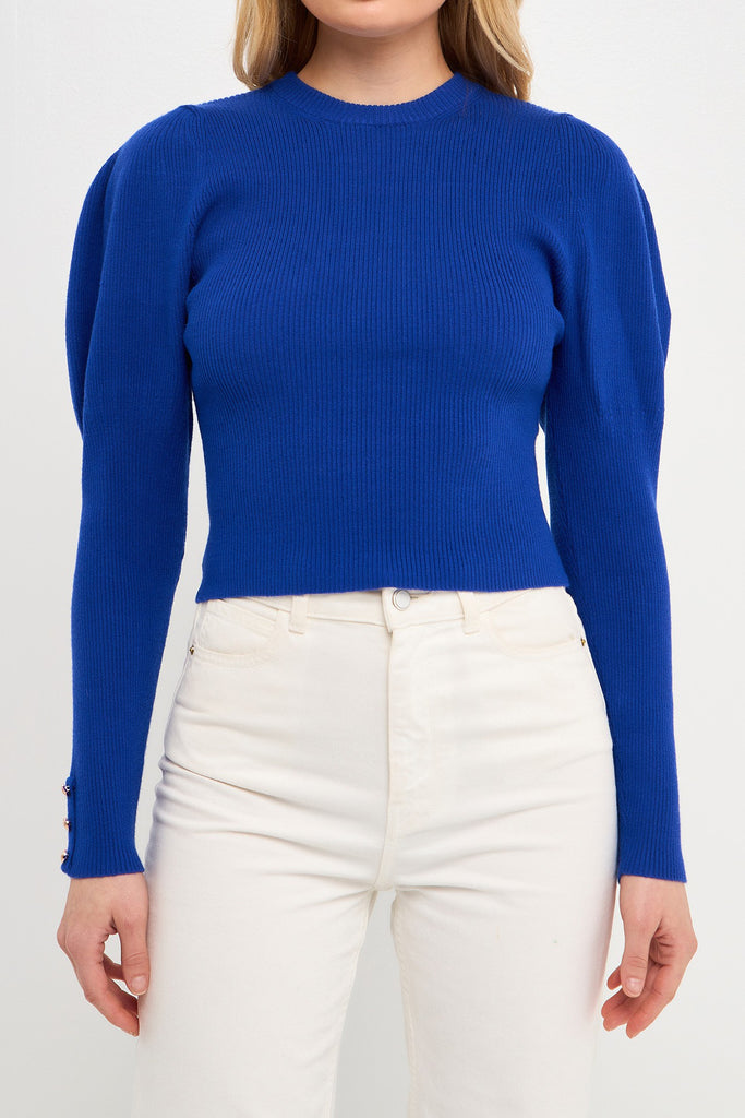 Front View - Blue Puff Sleeve Knit Sweater
