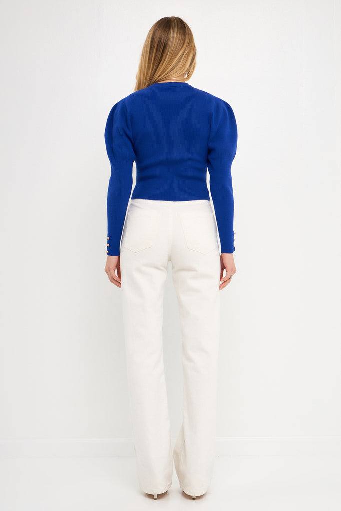 Back View - Blue Puff Sleeve Knit Sweater