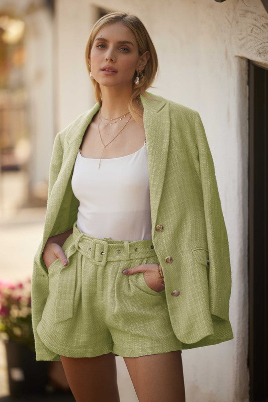 Pale Lime Relaxed Tweed Blazer with Shorts
